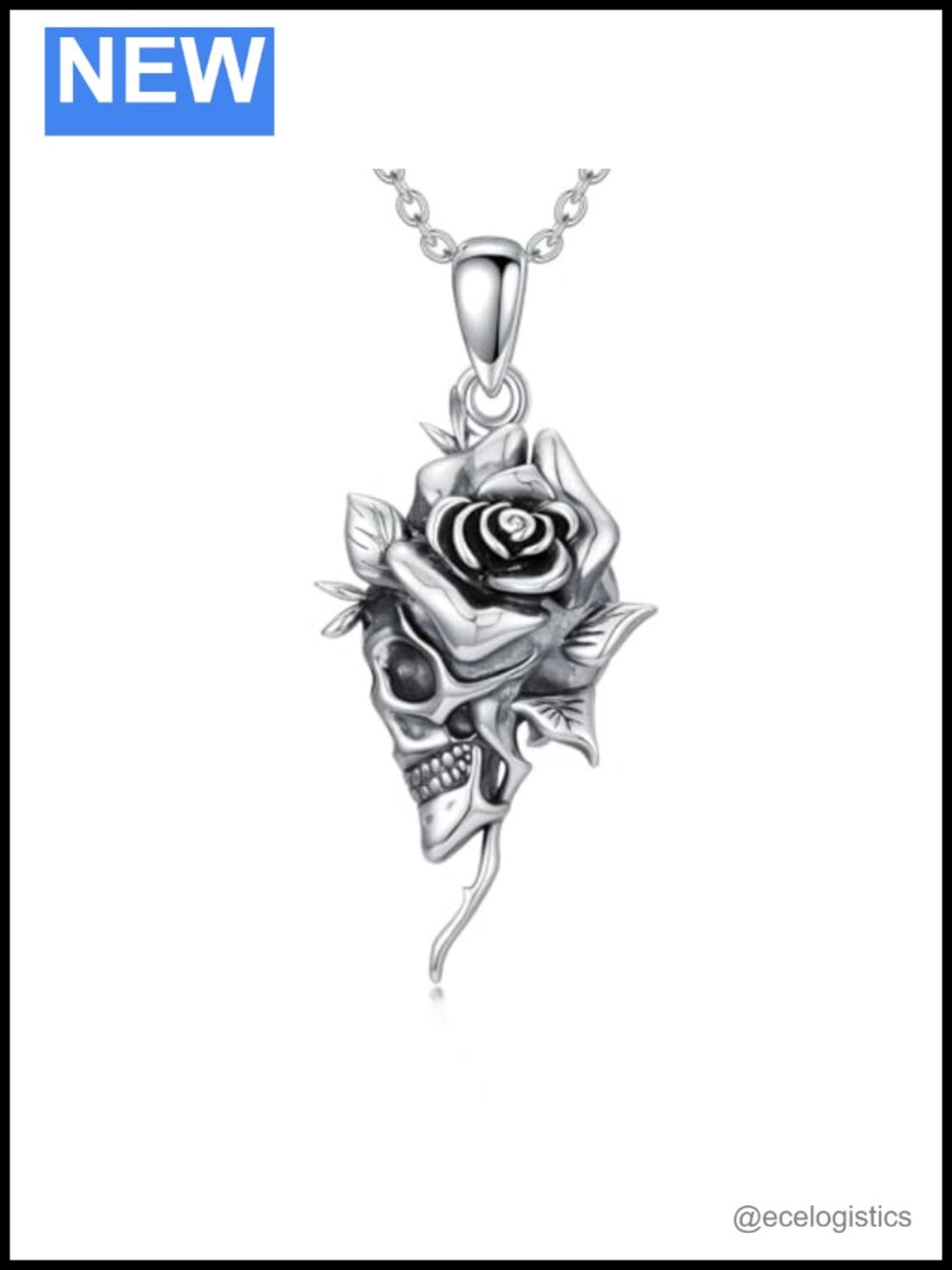 Sterling Silver Skull Rose Pendant Necklace Gothic Goth Jewelry Gift